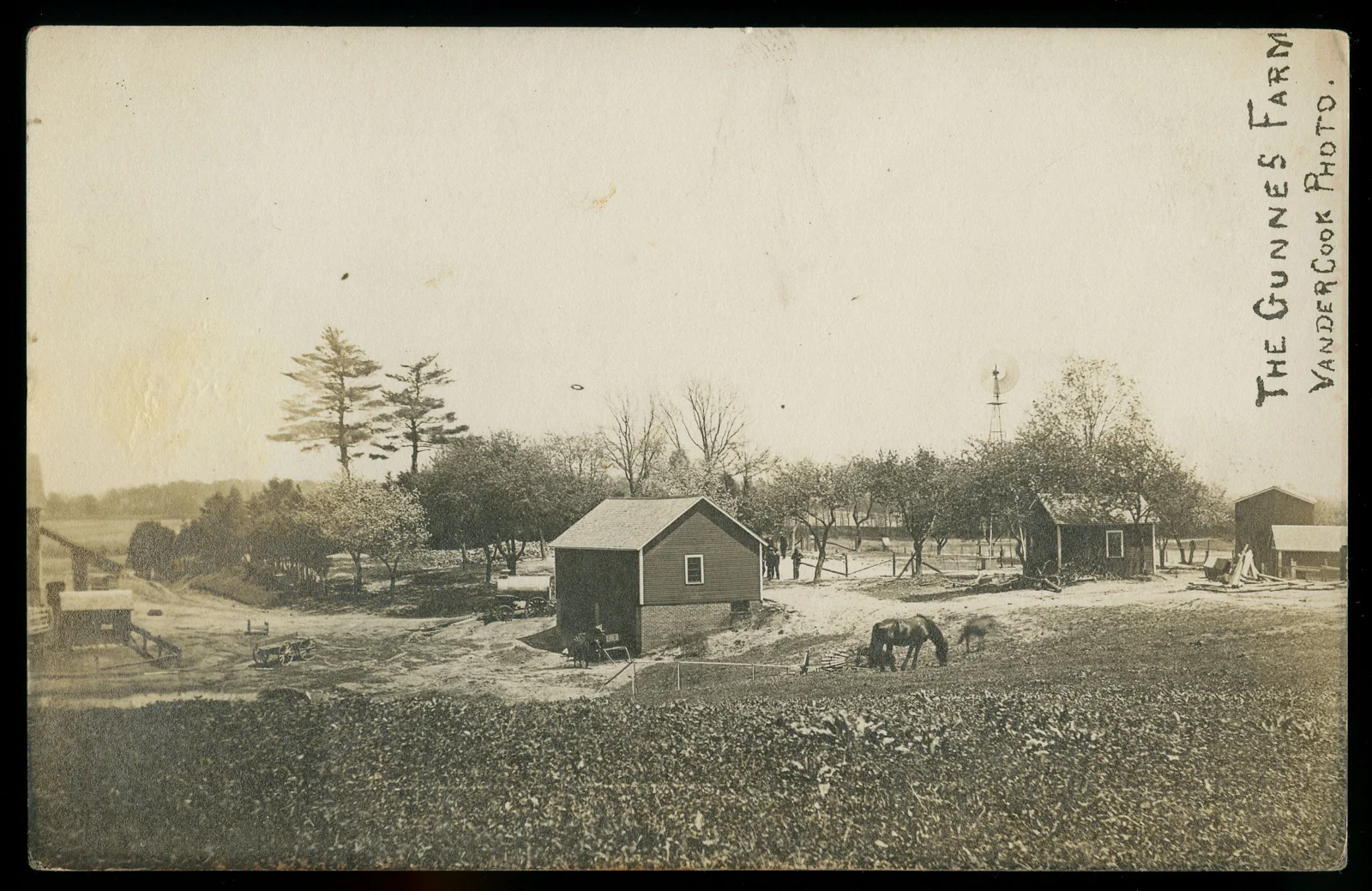Photographie ancienne de la ferme de Belle Gunness, avec bâtiments agricoles, verger et chevaux, datée de 1908.