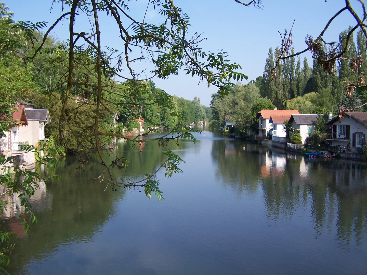 Le Loiret à Olivet, bordé de maisons et d’arbres, avec des branches au premier plan et leurs reflets dans l’eau.