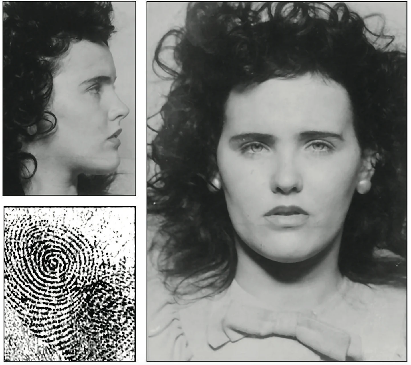 Document d’archives présentant deux portraits d’Elizabeth Short et une empreinte digitale.