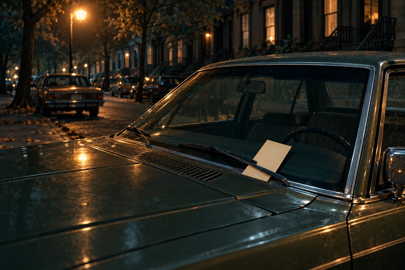Illustration : voiture des années 1970 et contravention dans une rue nocturne