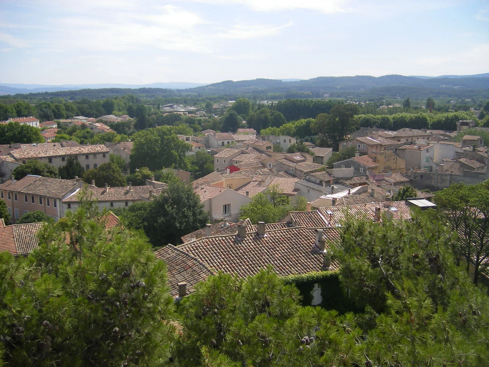 Vue en hauteur des toits de Pernes-les-Fontaines, entourés d’arbres et de collines.