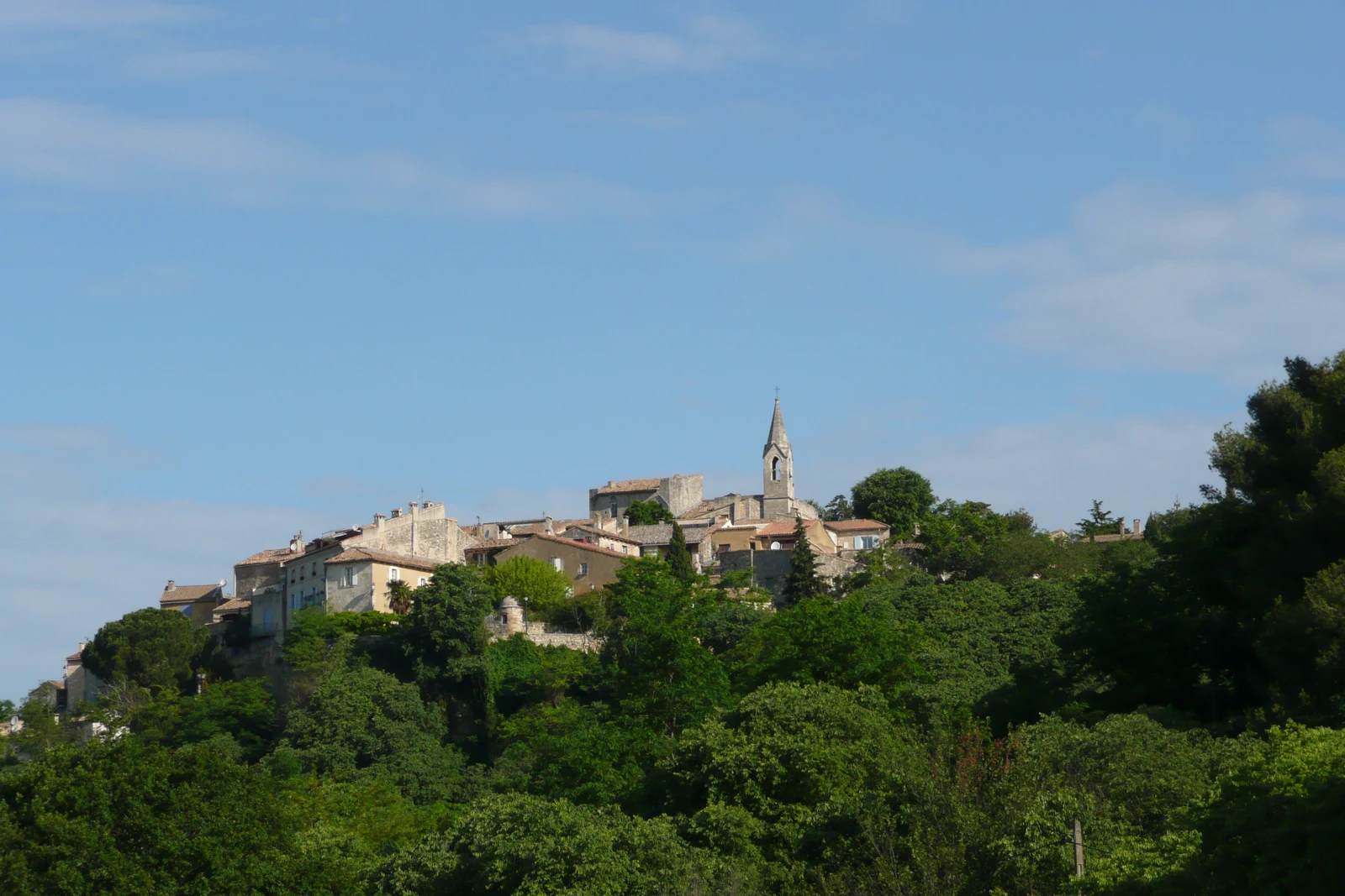 Le vieux village des Angles sur une colline boisée, avec des maisons en pierre et un clocher sous un ciel bleu.