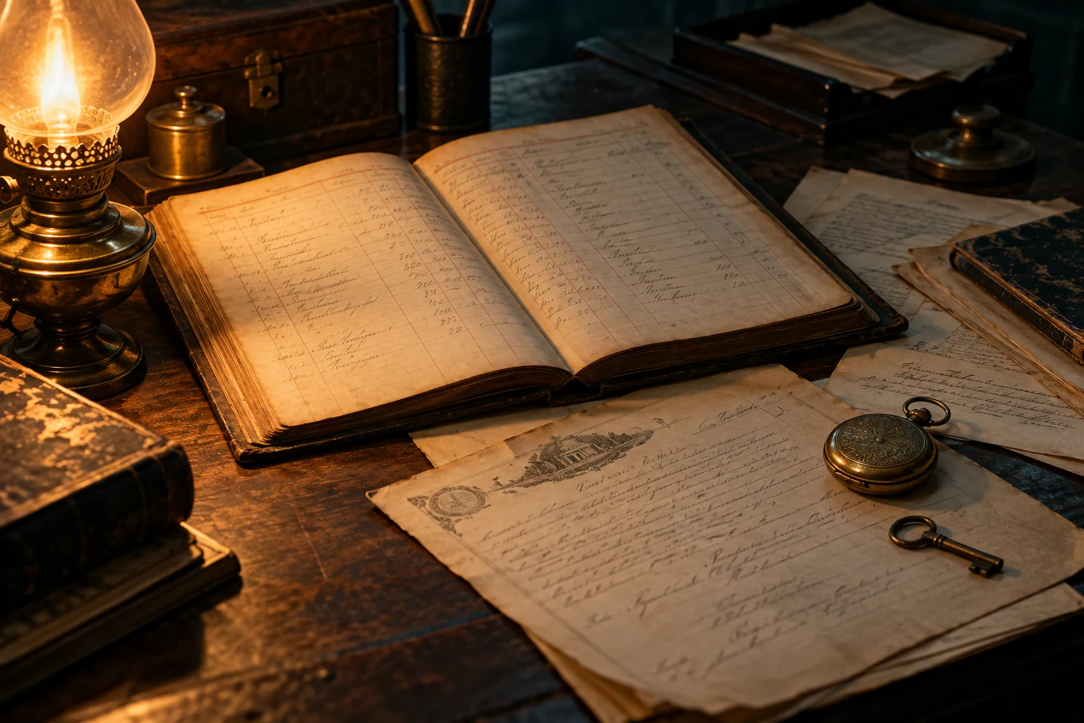 Illustration : registre ancien, documents et clé sur un bureau éclairé par une lampe
