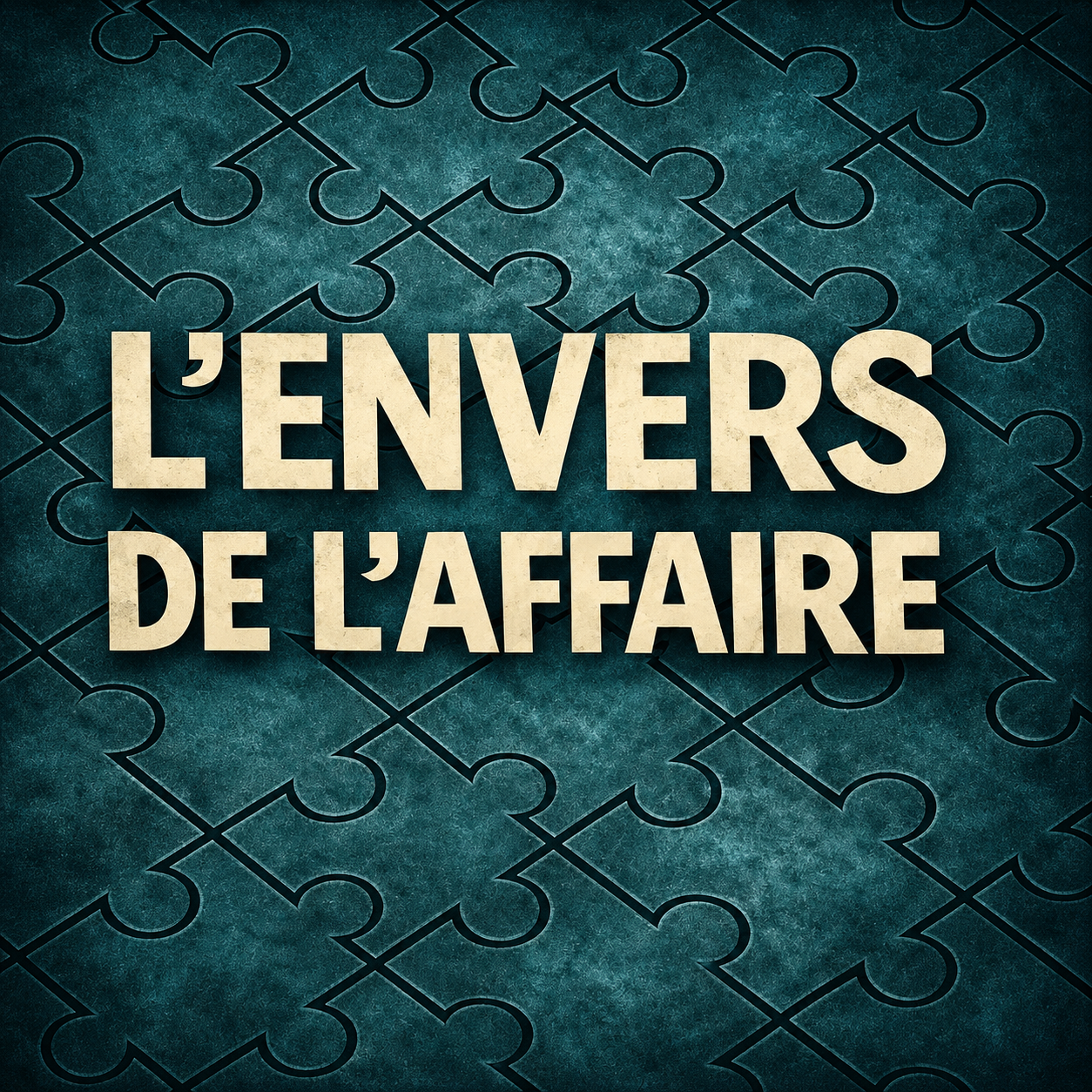 L’envers de l’affaire — logo original sur fond de puzzle bleu pétrole