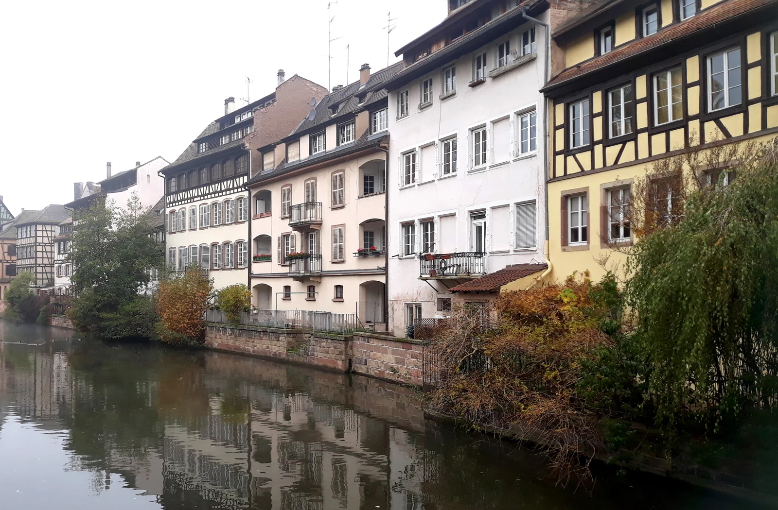 Maisons à colombages et façades claires de la Petite France, à Strasbourg, reflétées dans l’eau.