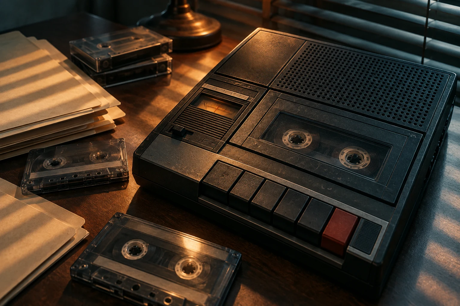 Illustration : enregistreur à cassette et dossiers sur un bureau d’enquête