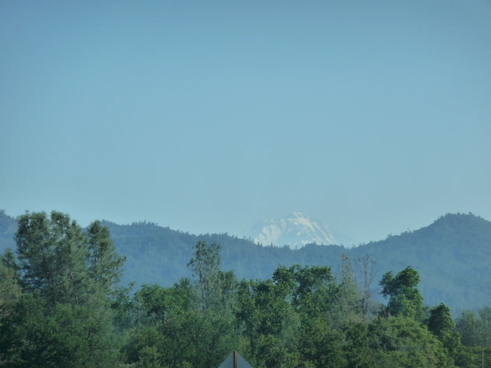 Mont Shasta enneigé à l’horizon, vu depuis la région de Redding derrière des collines boisées.